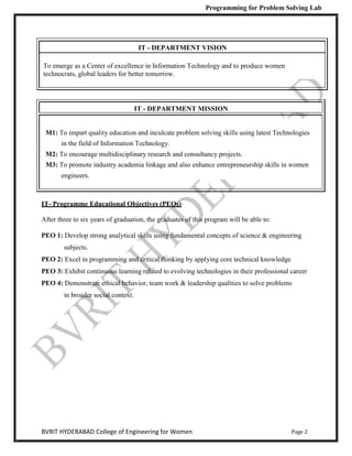 Programming for Problem Solving Lab
Page 2
BVRIT HYDERABAD College of Engineering for Women
IT - DEPARTMENT VISION
To emerge as a Center of excellence in Information Technology and to produce women
technocrats, global leaders for better tomorrow.
IT - DEPARTMENT MISSION
M1: To impart quality education and inculcate problem solving skills using latest Technologies
in the field of Information Technology.
M2: To encourage multidisciplinary research and consultancy projects.
M3: To promote industry academia linkage and also enhance entrepreneurship skills in women
engineers.
IT- Programme Educational Objectives (PEOs)
After three to six years of graduation, the graduates of this program will be able to:
PEO 1: Develop strong analytical skills using fundamental concepts of science & engineering
subjects.
PEO 2: Excel in programming and critical thinking by applying core technical knowledge
PEO 3: Exhibit continuous learning related to evolving technologies in their professional career
PEO 4: Demonstrate ethical behavior, team work & leadership qualities to solve problems
in broader social context.
 