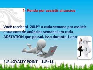 Você receberá  20LP* a cada semana por assistir a sua cota de anúncios semanal em cada ADSTATION que possui. Isso durante 1 ano *LP:LOYALTY POINT  1LP=1$  1- Renda por assistir anuncios 