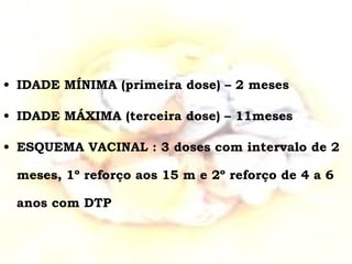 IDADE MÍNIMA (primeira dose) – 2 meses IDADE MÁXIMA (terceira dose) – 11meses ESQUEMA VACINAL : 3 doses com intervalo de 2 meses, 1º reforço aos 15 m e 2º reforço de 4 a 6 anos com DTP 