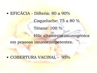 EFICÁCIA - Difteria: 80 a 90%    Coqueluche: 75 a 80 %    Tétano: 100 % Hib: altamente imunogênica em pessoas imunocompetentes. COBERTURA VACINAL -  95% 