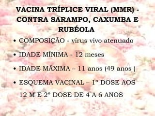 VACINA TRÍPLICE VIRAL (MMR) - CONTRA SARAMPO, CAXUMBA E RUBÉOLA  COMPOSIÇÃO - vírus vivo atenuado IDADE MÍNIMA - 12 meses IDADE MÁXIMA – 11 anos (49 anos ) ESQUEMA VACINAL – 1º DOSE AOS 12 M E 2º DOSE DE 4 A 6 ANOS 