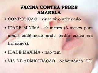 VACINA CONTRA FEBRE AMARELA COMPOSIÇÃO – vírus vivo atenuado IDADE MÍNIMA – 9 meses (6 meses para áreas endêmicas onde tenha casos em humanos). IDADE MÁXIMA - não tem VIA DE ADMISTRAÇÃO – subcutânea (SC) 
