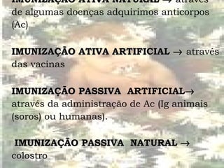 IMUNIZAÇÃO ATIVA NATURAL     através de algumas doenças adquirimos anticorpos (Ac) IMUNIZAÇÃO ATIVA ARTIFICIAL      através das vacinas IMUNIZAÇÃO PASSIVA   ARTIFICIAL    através da administração de Ac (Ig animais (soros) ou humanas).   IMUNIZAÇÃO PASSIVA   NATURAL     colostro 