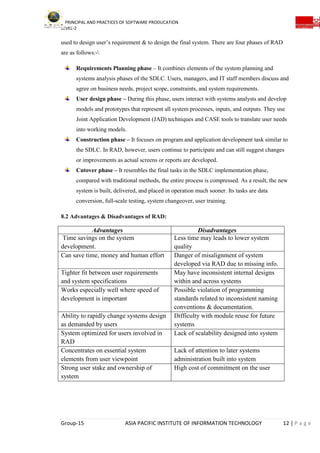 PRINCIPAL AND PRACTICES OF SOFTWARE PRODUCATION
LEVEL-2
Group-15 ASIA PACIFIC INSTITUTE OF INFORMATION TECHNOLOGY 12 | P a g e
used to design user’s requirement & to design the final system. There are four phases of RAD
are as follows:-
Requirements Planning phase – It combines elements of the system planning and
systems analysis phases of the SDLC. Users, managers, and IT staff members discuss and
agree on business needs, project scope, constraints, and system requirements.
User design phase – During this phase, users interact with systems analysts and develop
models and prototypes that represent all system processes, inputs, and outputs. They use
Joint Application Development (JAD) techniques and CASE tools to translate user needs
into working models.
Construction phase – It focuses on program and application development task similar to
the SDLC. In RAD, however, users continue to participate and can still suggest changes
or improvements as actual screens or reports are developed.
Cutover phase – It resembles the final tasks in the SDLC implementation phase,
compared with traditional methods, the entire process is compressed. As a result, the new
system is built, delivered, and placed in operation much sooner. Its tasks are data
conversion, full-scale testing, system changeover, user training.
8.2 Advantages & Disadvantages of RAD:
Advantages Disadvantages
Time savings on the system
development.
Less time may leads to lower system
quality
Can save time, money and human effort Danger of misalignment of system
developed via RAD due to missing info.
Tighter fit between user requirements
and system specifications
May have inconsistent internal designs
within and across systems
Works especially well where speed of
development is important
Possible violation of programming
standards related to inconsistent naming
conventions & documentation.
Ability to rapidly change systems design
as demanded by users
Difficulty with module reuse for future
systems
System optimized for users involved in
RAD
Lack of scalability designed into system
Concentrates on essential system
elements from user viewpoint
Lack of attention to later systems
administration built into system
Strong user stake and ownership of
system
High cost of commitment on the user
 