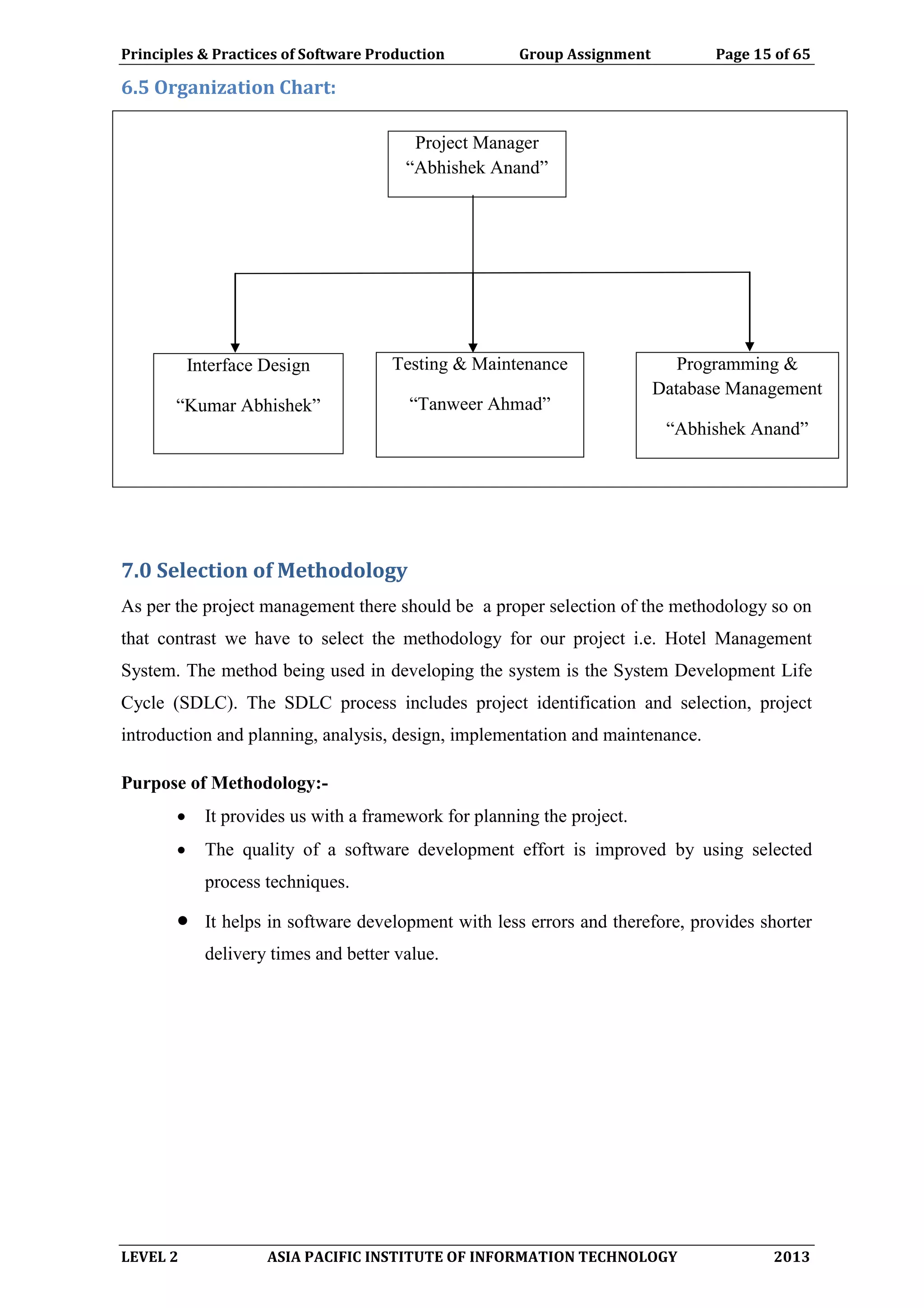 Principles & Practices of Software Production Group Assignment Page 15 of 65
LEVEL 2 ASIA PACIFIC INSTITUTE OF INFORMATION TECHNOLOGY 2013
6.5 Organization Chart:
Project Manager
“Abhishek Anand”
Interface Design
“Kumar Abhishek”
Testing & Maintenance
“Tanweer Ahmad”
Programming &
Database Management
“Abhishek Anand”
7.0 Selection of Methodology
As per the project management there should be a proper selection of the methodology so on
that contrast we have to select the methodology for our project i.e. Hotel Management
System. The method being used in developing the system is the System Development Life
Cycle (SDLC). The SDLC process includes project identification and selection, project
introduction and planning, analysis, design, implementation and maintenance.
Purpose of Methodology:-
 It provides us with a framework for planning the project.
 The quality of a software development effort is improved by using selected
process techniques.
 It helps in software development with less errors and therefore, provides shorter
delivery times and better value.
 