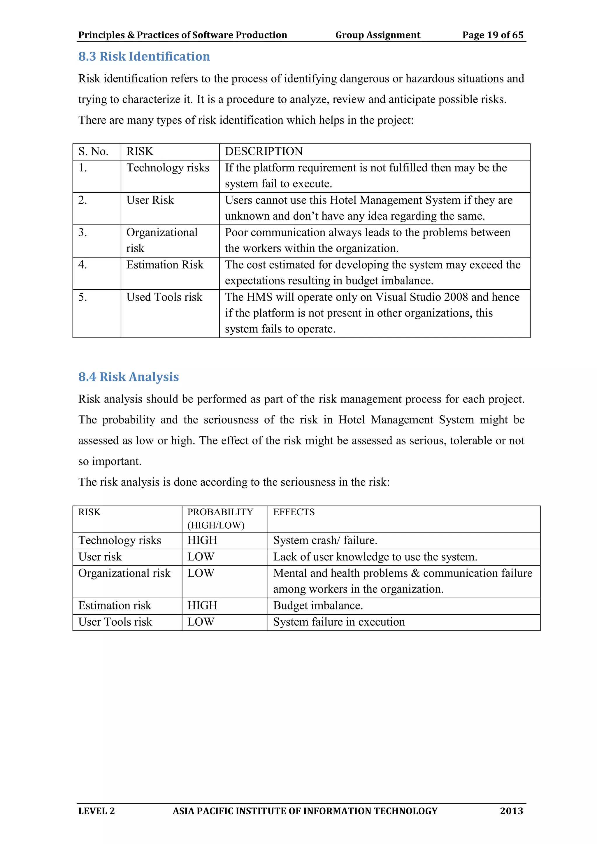 Principles & Practices of Software Production Group Assignment Page 19 of 65
LEVEL 2 ASIA PACIFIC INSTITUTE OF INFORMATION TECHNOLOGY 2013
8.3 Risk Identification
Risk identification refers to the process of identifying dangerous or hazardous situations and
trying to characterize it. It is a procedure to analyze, review and anticipate possible risks.
There are many types of risk identification which helps in the project:
S. No. RISK DESCRIPTION
1. Technology risks If the platform requirement is not fulfilled then may be the
system fail to execute.
2. User Risk Users cannot use this Hotel Management System if they are
unknown and don’t have any idea regarding the same.
3. Organizational
risk
Poor communication always leads to the problems between
the workers within the organization.
4. Estimation Risk The cost estimated for developing the system may exceed the
expectations resulting in budget imbalance.
5. Used Tools risk The HMS will operate only on Visual Studio 2008 and hence
if the platform is not present in other organizations, this
system fails to operate.
8.4 Risk Analysis
Risk analysis should be performed as part of the risk management process for each project.
The probability and the seriousness of the risk in Hotel Management System might be
assessed as low or high. The effect of the risk might be assessed as serious, tolerable or not
so important.
The risk analysis is done according to the seriousness in the risk:
RISK PROBABILITY
(HIGH/LOW)
EFFECTS
Technology risks HIGH System crash/ failure.
User risk LOW Lack of user knowledge to use the system.
Organizational risk LOW Mental and health problems & communication failure
among workers in the organization.
Estimation risk HIGH Budget imbalance.
User Tools risk LOW System failure in execution
 