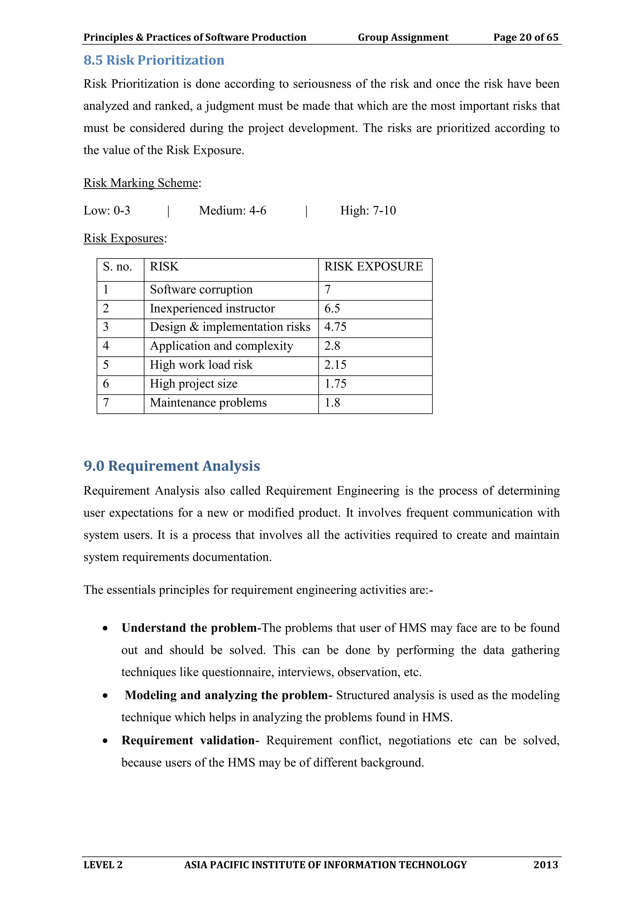 Principles & Practices of Software Production Group Assignment Page 20 of 65
LEVEL 2 ASIA PACIFIC INSTITUTE OF INFORMATION TECHNOLOGY 2013
8.5 Risk Prioritization
Risk Prioritization is done according to seriousness of the risk and once the risk have been
analyzed and ranked, a judgment must be made that which are the most important risks that
must be considered during the project development. The risks are prioritized according to
the value of the Risk Exposure.
Risk Marking Scheme:
Low: 0-3 | Medium: 4-6 | High: 7-10
Risk Exposures:
S. no. RISK RISK EXPOSURE
1 Software corruption 7
2 Inexperienced instructor 6.5
3 Design & implementation risks 4.75
4 Application and complexity 2.8
5 High work load risk 2.15
6 High project size 1.75
7 Maintenance problems 1.8
9.0 Requirement Analysis
Requirement Analysis also called Requirement Engineering is the process of determining
user expectations for a new or modified product. It involves frequent communication with
system users. It is a process that involves all the activities required to create and maintain
system requirements documentation.
The essentials principles for requirement engineering activities are:-
 Understand the problem-The problems that user of HMS may face are to be found
out and should be solved. This can be done by performing the data gathering
techniques like questionnaire, interviews, observation, etc.
 Modeling and analyzing the problem- Structured analysis is used as the modeling
technique which helps in analyzing the problems found in HMS.
 Requirement validation- Requirement conflict, negotiations etc can be solved,
because users of the HMS may be of different background.
 