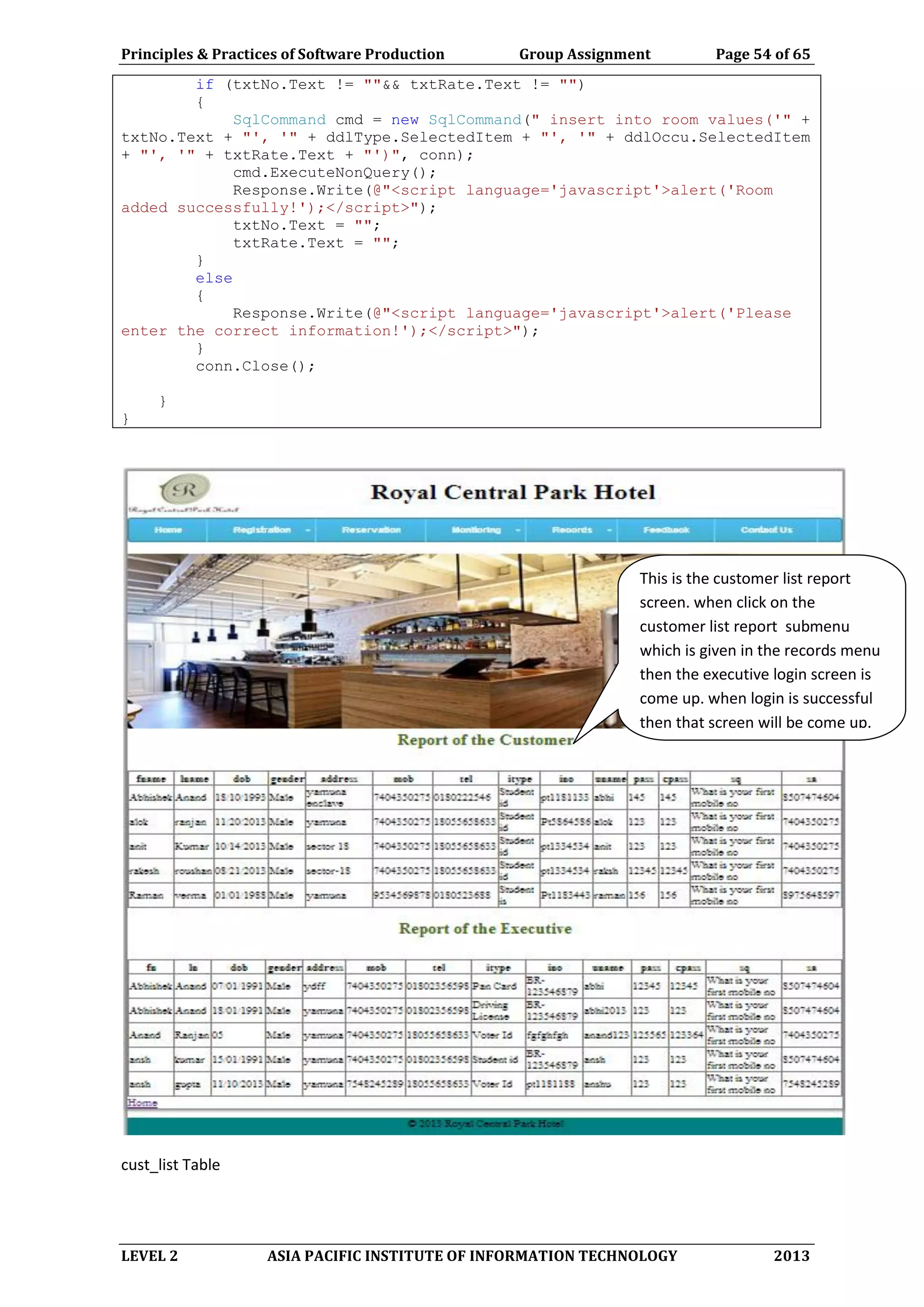 Principles & Practices of Software Production Group Assignment Page 54 of 65
LEVEL 2 ASIA PACIFIC INSTITUTE OF INFORMATION TECHNOLOGY 2013
if (txtNo.Text != ""&& txtRate.Text != "")
{
SqlCommand cmd = new SqlCommand(" insert into room values('" +
txtNo.Text + "', '" + ddlType.SelectedItem + "', '" + ddlOccu.SelectedItem
+ "', '" + txtRate.Text + "')", conn);
cmd.ExecuteNonQuery();
Response.Write(@"<script language='javascript'>alert('Room
added successfully!');</script>");
txtNo.Text = "";
txtRate.Text = "";
}
else
{
Response.Write(@"<script language='javascript'>alert('Please
enter the correct information!');</script>");
}
conn.Close();
}
}
cust_list Table
This is the customer list report
screen. when click on the
customer list report submenu
which is given in the records menu
then the executive login screen is
come up. when login is successful
then that screen will be come up.
 