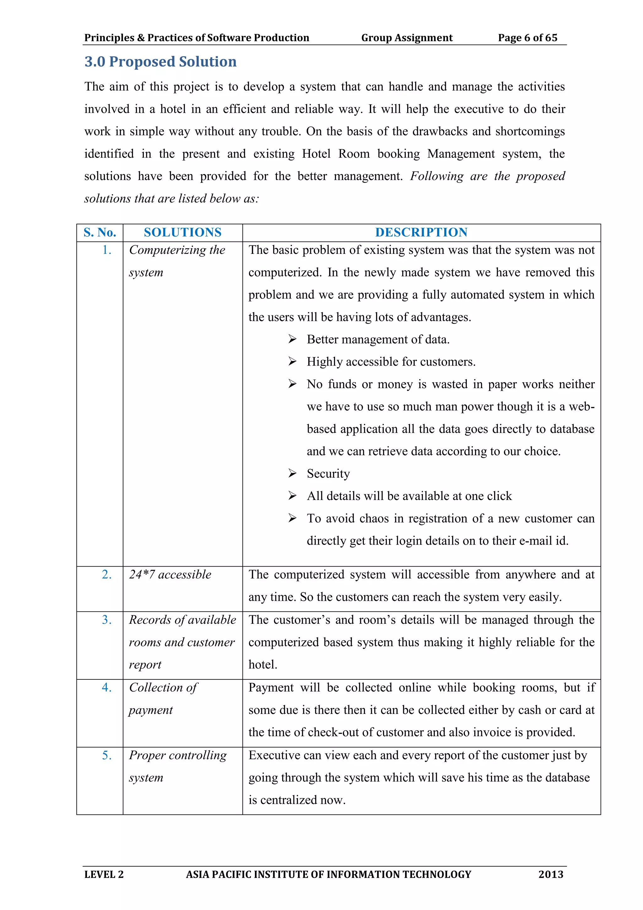 Principles & Practices of Software Production Group Assignment Page 6 of 65
LEVEL 2 ASIA PACIFIC INSTITUTE OF INFORMATION TECHNOLOGY 2013
3.0 Proposed Solution
The aim of this project is to develop a system that can handle and manage the activities
involved in a hotel in an efficient and reliable way. It will help the executive to do their
work in simple way without any trouble. On the basis of the drawbacks and shortcomings
identified in the present and existing Hotel Room booking Management system, the
solutions have been provided for the better management. Following are the proposed
solutions that are listed below as:
S. No. SOLUTIONS DESCRIPTION
1. Computerizing the
system
The basic problem of existing system was that the system was not
computerized. In the newly made system we have removed this
problem and we are providing a fully automated system in which
the users will be having lots of advantages.
 Better management of data.
 Highly accessible for customers.
 No funds or money is wasted in paper works neither
we have to use so much man power though it is a web-
based application all the data goes directly to database
and we can retrieve data according to our choice.
 Security
 All details will be available at one click
 To avoid chaos in registration of a new customer can
directly get their login details on to their e-mail id.
2. 24*7 accessible The computerized system will accessible from anywhere and at
any time. So the customers can reach the system very easily.
3. Records of available
rooms and customer
report
The customer’s and room’s details will be managed through the
computerized based system thus making it highly reliable for the
hotel.
4. Collection of
payment
Payment will be collected online while booking rooms, but if
some due is there then it can be collected either by cash or card at
the time of check-out of customer and also invoice is provided.
5. Proper controlling
system
Executive can view each and every report of the customer just by
going through the system which will save his time as the database
is centralized now.
 