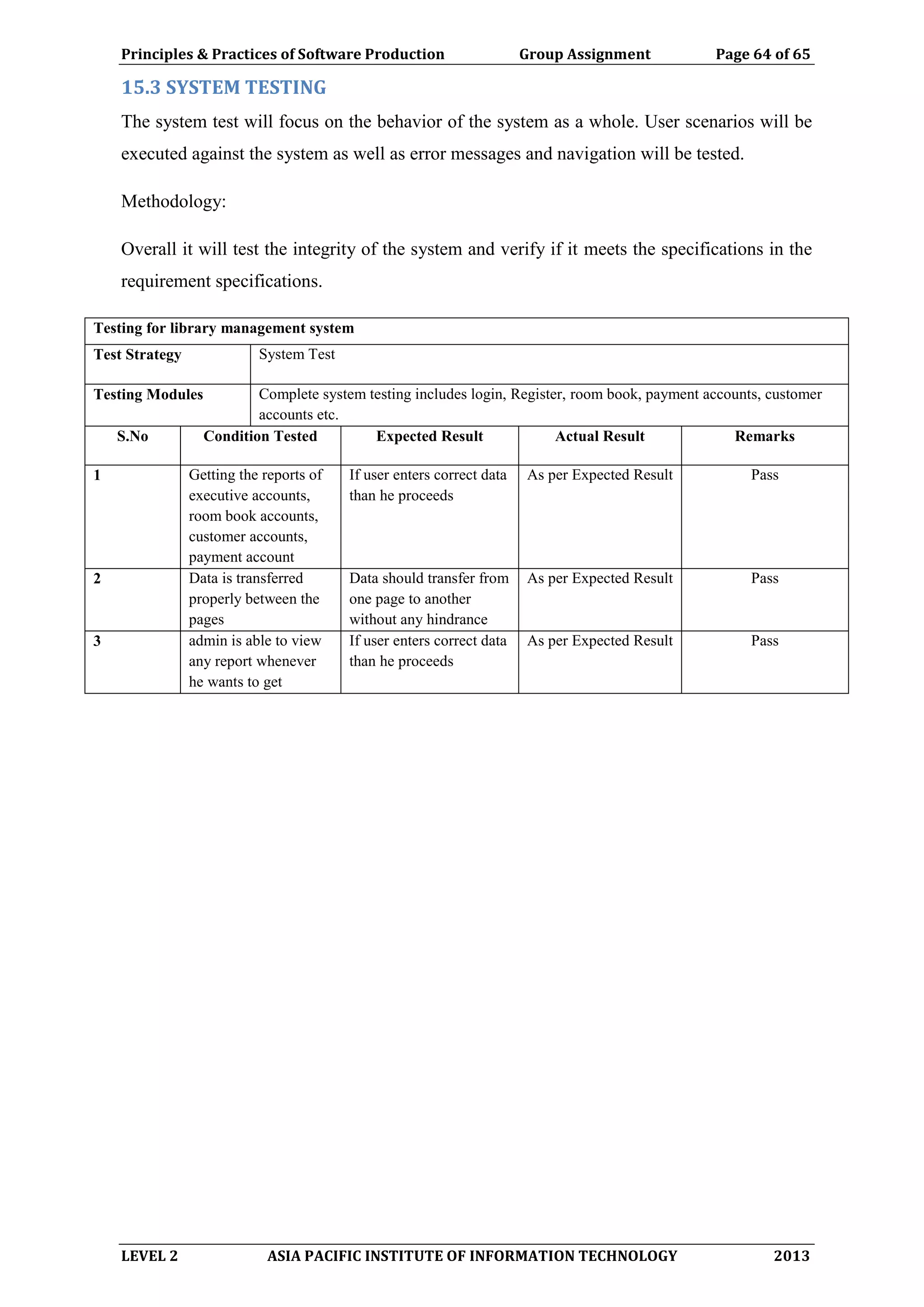 Principles & Practices of Software Production Group Assignment Page 64 of 65
LEVEL 2 ASIA PACIFIC INSTITUTE OF INFORMATION TECHNOLOGY 2013
15.3 SYSTEM TESTING
The system test will focus on the behavior of the system as a whole. User scenarios will be
executed against the system as well as error messages and navigation will be tested.
Methodology:
Overall it will test the integrity of the system and verify if it meets the specifications in the
requirement specifications.
Testing for library management system
Test Strategy System Test
Testing Modules Complete system testing includes login, Register, room book, payment accounts, customer
accounts etc.
S.No Condition Tested Expected Result Actual Result Remarks
1 Getting the reports of
executive accounts,
room book accounts,
customer accounts,
payment account
If user enters correct data
than he proceeds
As per Expected Result Pass
2 Data is transferred
properly between the
pages
Data should transfer from
one page to another
without any hindrance
As per Expected Result Pass
3 admin is able to view
any report whenever
he wants to get
If user enters correct data
than he proceeds
As per Expected Result Pass
 