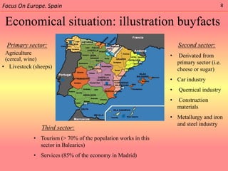 Focus On Europe. Spain                                                                8


  Economical situation: illustration buyfacts
   Primary sector:                                                  Second sector:
• Agriculture                                                   •    Derivated from
  (cereal, wine)
                                                                    primary sector (i.e.
 • Livestock (sheeps)                                               cheese or sugar)
                                                                • Car industry
                                                                •   Quemical industry
                                                                •   Construction
                                                                    materials
                                                                • Metallurgy and iron
                                                                  and steel industry
                Third sector:
             • Tourism (> 70% of the population works in this
               sector in Balearics)
             • Services (85% of the economy in Madrid)
 