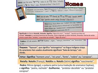 Significado do Nome Amanda. Amanda: Significa “digna de amor”, “amável”, “aquela que deve ser
amada”. Amanda é a variante feminina de Amando, nome originado no latim Amandu, Amandus. Deriva do verbo
amare e quer dizer “amável, "o que deve ser amado", "digno de amor”.
Artur: Significa "homem urso", "rei urso", "forte", "nobre" ou "corajoso“.
Natally: Natalie (França), Natália ou Natalis (latim) significa “nascimento”.
Pedro: Pétros (grego), a palavra petra (uma tradução do aramaico Cephas),
e significa "pedra, rochedo". Guilherme: “protetor decidido” ou “protetor
corajoso”.
 