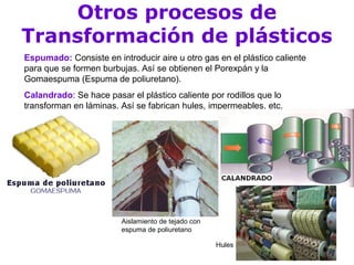Otros procesos de
Transformación de plásticos
Espumado: Consiste en introducir aire u otro gas en el plástico caliente
para que se formen burbujas. Así se obtienen el Porexpán y la
Gomaespuma (Espuma de poliuretano).
Calandrado: Se hace pasar el plástico caliente por rodillos que lo
transforman en láminas. Así se fabrican hules, impermeables, etc.




                        Aislamiento de tejado con
                        espuma de poliuretano

                                                    Hules
 