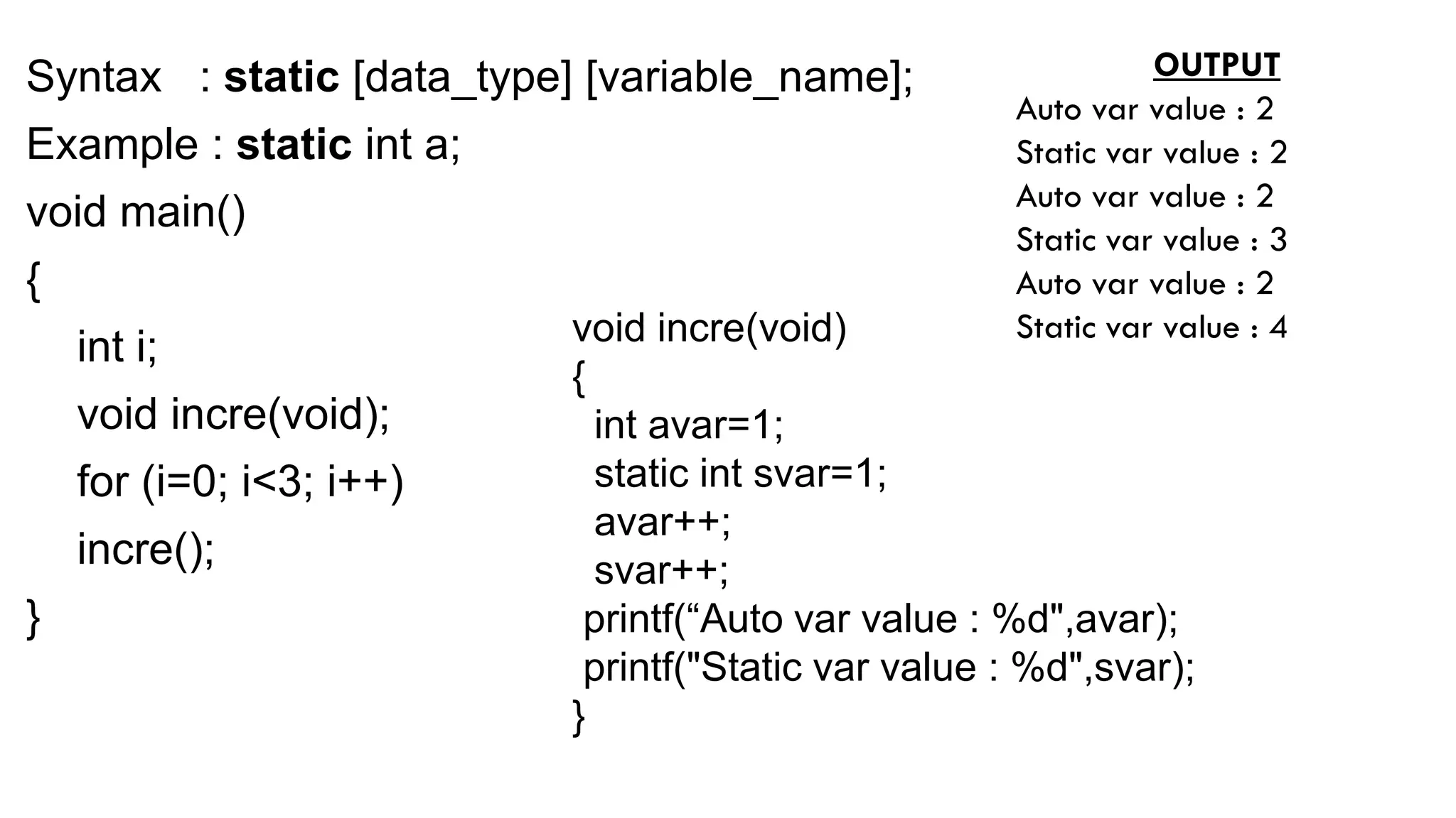 Syntax : static [data_type] [variable_name];
Example : static int a;
void main()
{
int i;
void incre(void);
for (i=0; i<3; i++)
incre();
}
void incre(void)
{
int avar=1;
static int svar=1;
avar++;
svar++;
printf(“Auto var value : %d",avar);
printf("Static var value : %d",svar);
}
OUTPUT
Auto var value : 2
Static var value : 2
Auto var value : 2
Static var value : 3
Auto var value : 2
Static var value : 4
 