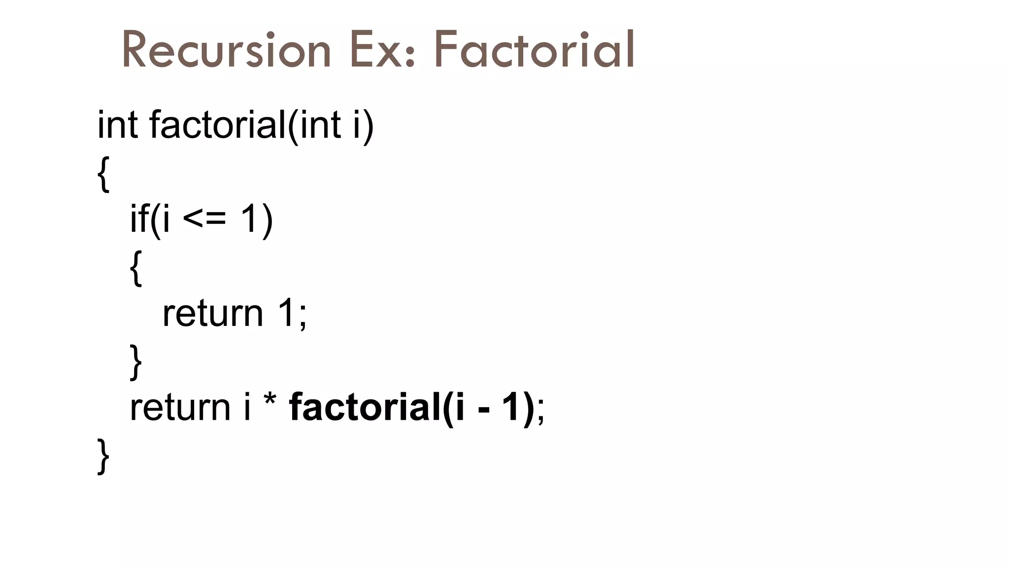Recursion Ex: Factorial
int factorial(int i)
{
if(i <= 1)
{
return 1;
}
return i * factorial(i - 1);
}
 