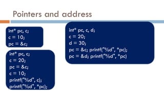 Pointers and address
int* pc, c;
c = 10;
pc = &c;
int* pc, c;
c = 20;
pc = &c;
c = 10;
printf("%d", c);
printf("%d", *pc);
int* pc, c, d;
c = 20;
d = 30;
pc = &c; printf("%d", *pc);
pc = &d; printf("%d", *pc)
 