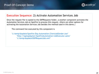 Proof-Of-Concept Demo Execution Sequence:  2) Activate Automation Services Job Once the request file is copied to the  DXPRequests  folder, a another component activates the Automation Services Job on Spotfire to process this request. (there are other options for activating the Automation Services Job besides the method used in this demo.) The command line executed by this component is "c:\temp\dxpdata\Spotfire.Dxp.Automation.ClientJobSender.exe" "http://laptopdayton/SpotfireAutomation/JobExecutor.asmx" "c:\temp\dxpdata\DXPRequestJob.xml“ 