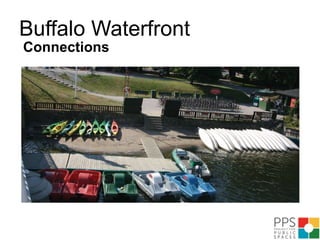 Buffalo WaterfrontWater connectionsWater taxiFerriesTour boatsPedestrian bridgesPersonal WatercraftLand connectionsToursBike paths and Bike RacksTrailsBus/shuttlesPlantingsArt-based Wayfinding: Banners, Flags, Murals LightingSignage and Maps