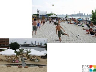 Boardwalk BeachInner HarborCentral SquareInfo Kiosk Restrooms & Showers Kayak/Bike RentalSignage: Historic & WayfindingMoveable Tables and ChairsBeer GardenRestaurant Seating with Umbrellas Beach VolleyballLounge Seating Umbrellas Water Feature, MistersInflatable paddle poolsPotted trees, plants