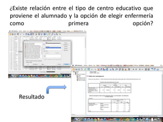 ¿Existe relación entre el tipo de centro educativo que
proviene el alumnado y la opción de elegir enfermería
como primera opción?
Resultado
 