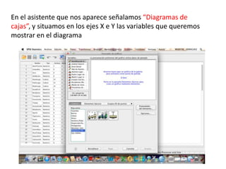 En el asistente que nos aparece señalamos “Diagramas de
cajas”, y situamos en los ejes X e Y las variables que queremos
mostrar en el diagrama