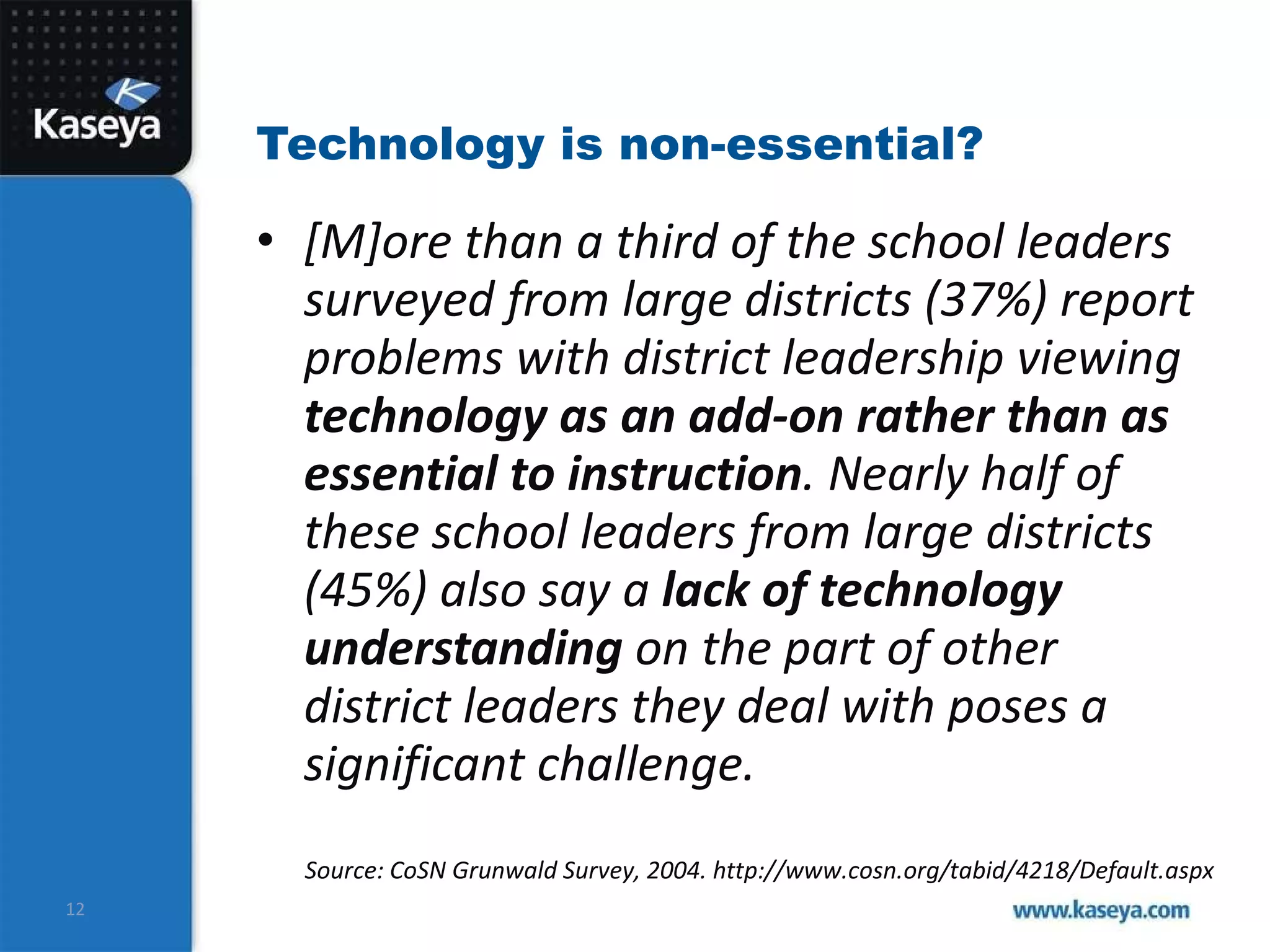 Technology is non-essential? [M]ore than a third of the school leaders surveyed from large districts (37%) report problems with district leadership viewing  technology as an add-on rather than as essential to instruction . Nearly half of these school leaders from large districts (45%) also say a  lack of technology understanding  on the part of other district leaders they deal with poses a significant challenge.  Source: CoSN Grunwald Survey, 2004. http://www.cosn.org/tabid/4218/Default.aspx 
