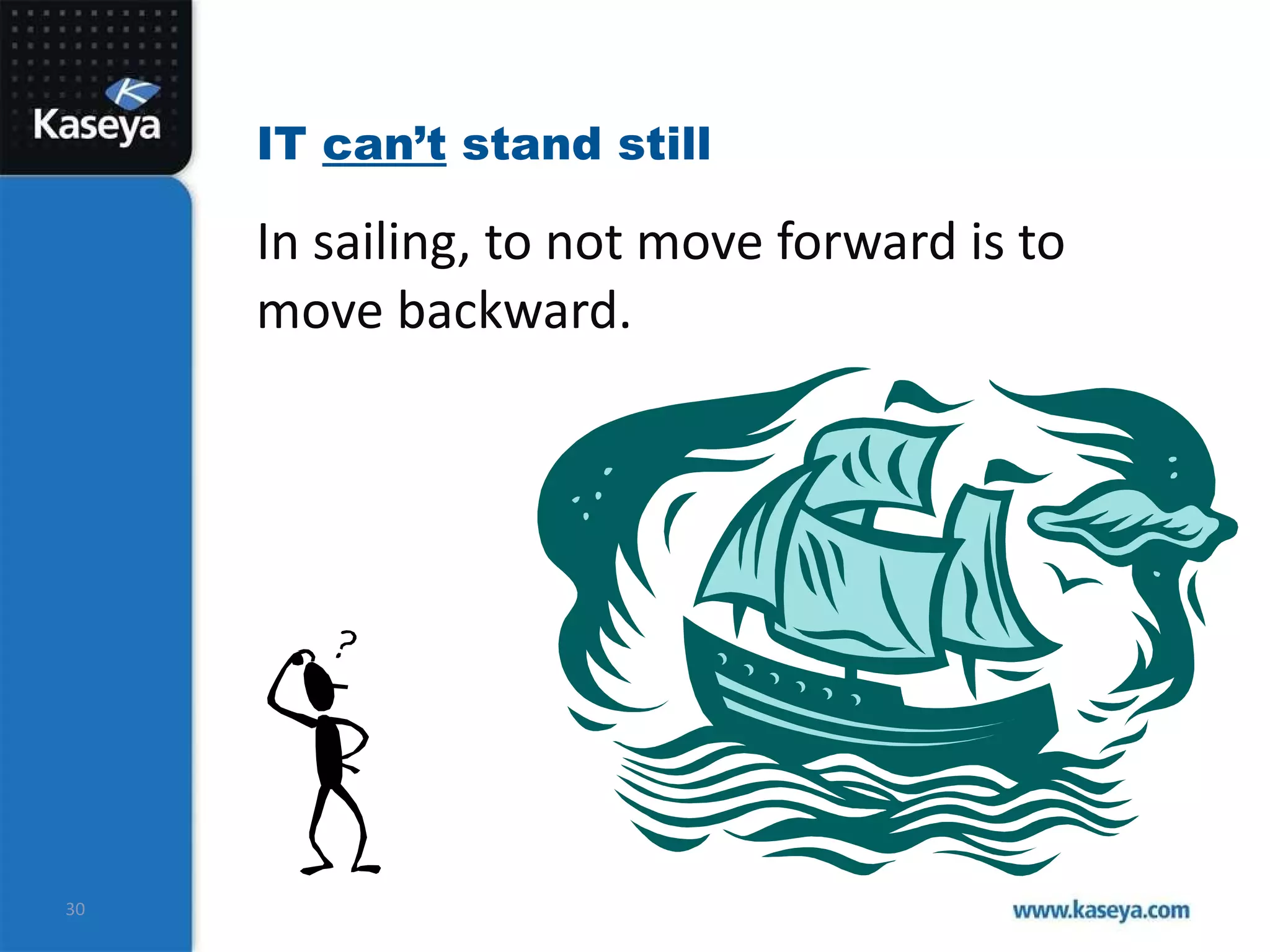 IT  can’t  stand still In sailing, to not move forward is to move backward. 