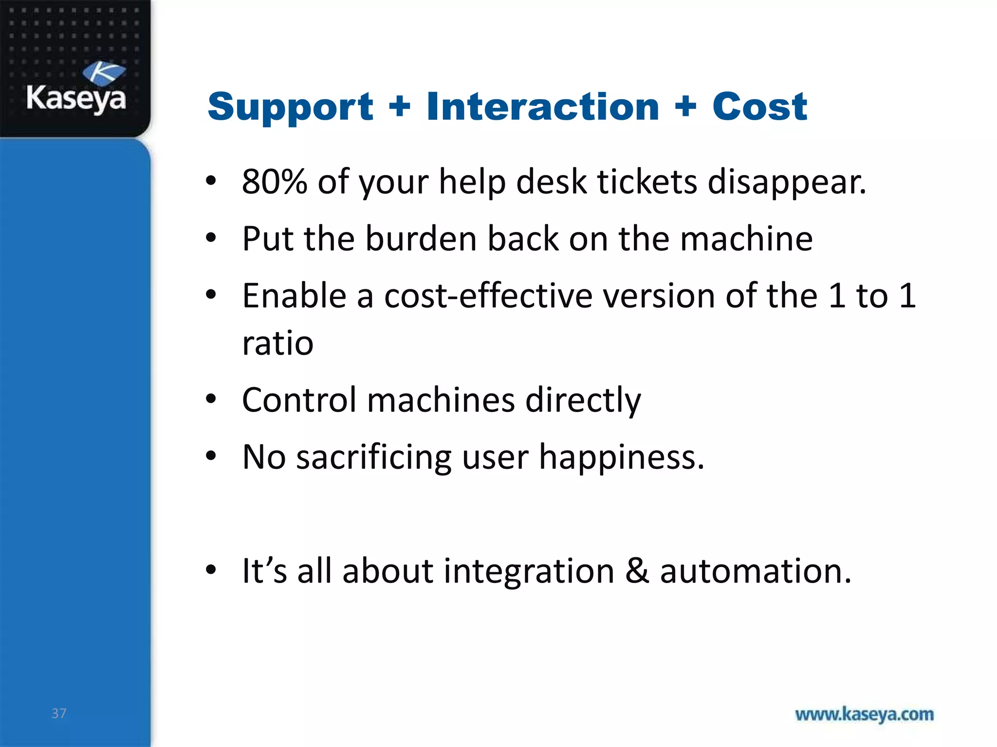 Support + Interaction + Cost 80% of your help desk tickets disappear.  Put the burden back on the machine Enable a cost-effective version of the 1 to 1 ratio Control machines directly No sacrificing user happiness.  It’s all about integration & automation. 