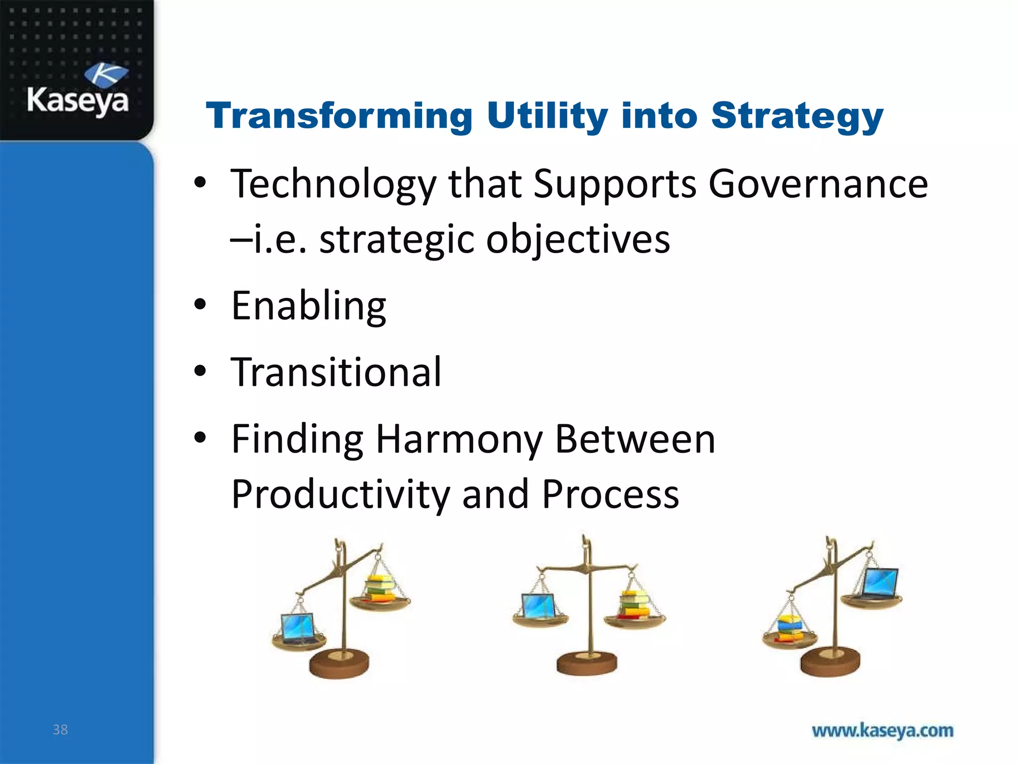 Transforming Utility into Strategy Technology that Supports Governance –i.e. strategic objectives Enabling Transitional Finding Harmony Between Productivity and Process 