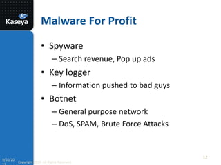 Malware For ProfitSpywareSearch revenue, Pop up adsKey loggerInformation pushed to bad guysBotnetGeneral purpose networkDoS, SPAM, Brute Force Attacks129/20/2011Copyright 2010. All Rights Reserved.