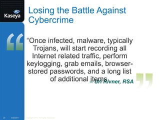 Losing the Battle Against Cybercrime9/20/201120Copyright 2010. All Rights Reserved.“Once infected, malware, typically Trojans, will start recording all Internet related traffic, perform keylogging, grab emails, browser-stored passwords, and a long list of additional items. – Uri Rivner, RSA