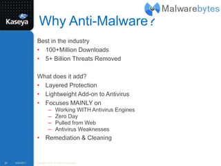Why Anti-Malware?Best in the industry100+Million Downloads 5+ Billion Threats RemovedWhat does it add?Layered Protection Lightweight Add-on to AntivirusFocuses MAINLY on Working WITH Antivirus EnginesZero DayPulled from WebAntivirus WeaknessesRemediation & Cleaning9/20/2011Copyright 2010. All Rights Reserved.28