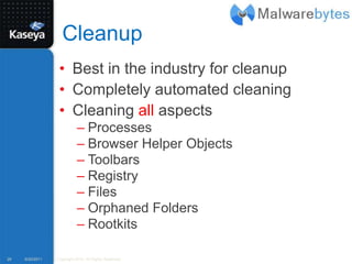 CleanupBest in the industry for cleanup Completely automated cleaningCleaning all aspectsProcessesBrowser Helper ObjectsToolbarsRegistryFilesOrphaned FoldersRootkits9/20/2011Copyright 2010. All Rights Reserved.29