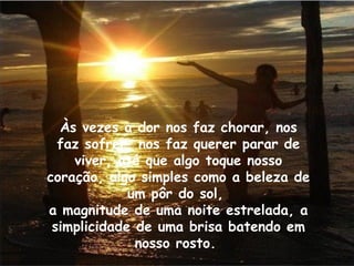 Às vezes a dor nos faz chorar, nos faz sofrer, nos faz querer parar de viver, até que algo toque nosso coração, algo simples como a beleza de um pôr do sol,  a magnitude de uma noite estrelada, a simplicidade de uma brisa batendo em nosso rosto.  