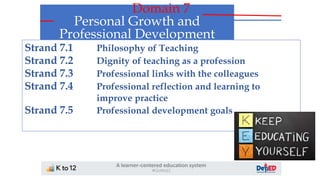 Domain 7
Personal Growth and
Professional Development
Strand 7.1 Philosophy of Teaching
Strand 7.2 Dignity of teaching as a profession
Strand 7.3 Professional links with the colleagues
Strand 7.4 Professional reflection and learning to
improve practice
Strand 7.5 Professional development goals
 