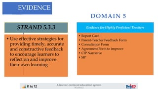 DOMAIN 5
EVIDENCE
STRAND 5.3.3
• Use effective strategies for
providing timely, accurate
and constructive feedback
to encourage learners to
reflect on and improve
their own learning
Evidence for Highly Proficient Teachers
• Report Card
• Parent-Teacher Feedback Form
• Consultation Form
• Agreement Form to improve
• CIP Narrative
• SIP
 