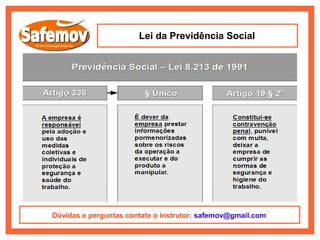 Lei da Previdência Social




Dúvidas e perguntas contate o instrutor: safemov@gmail.com
 