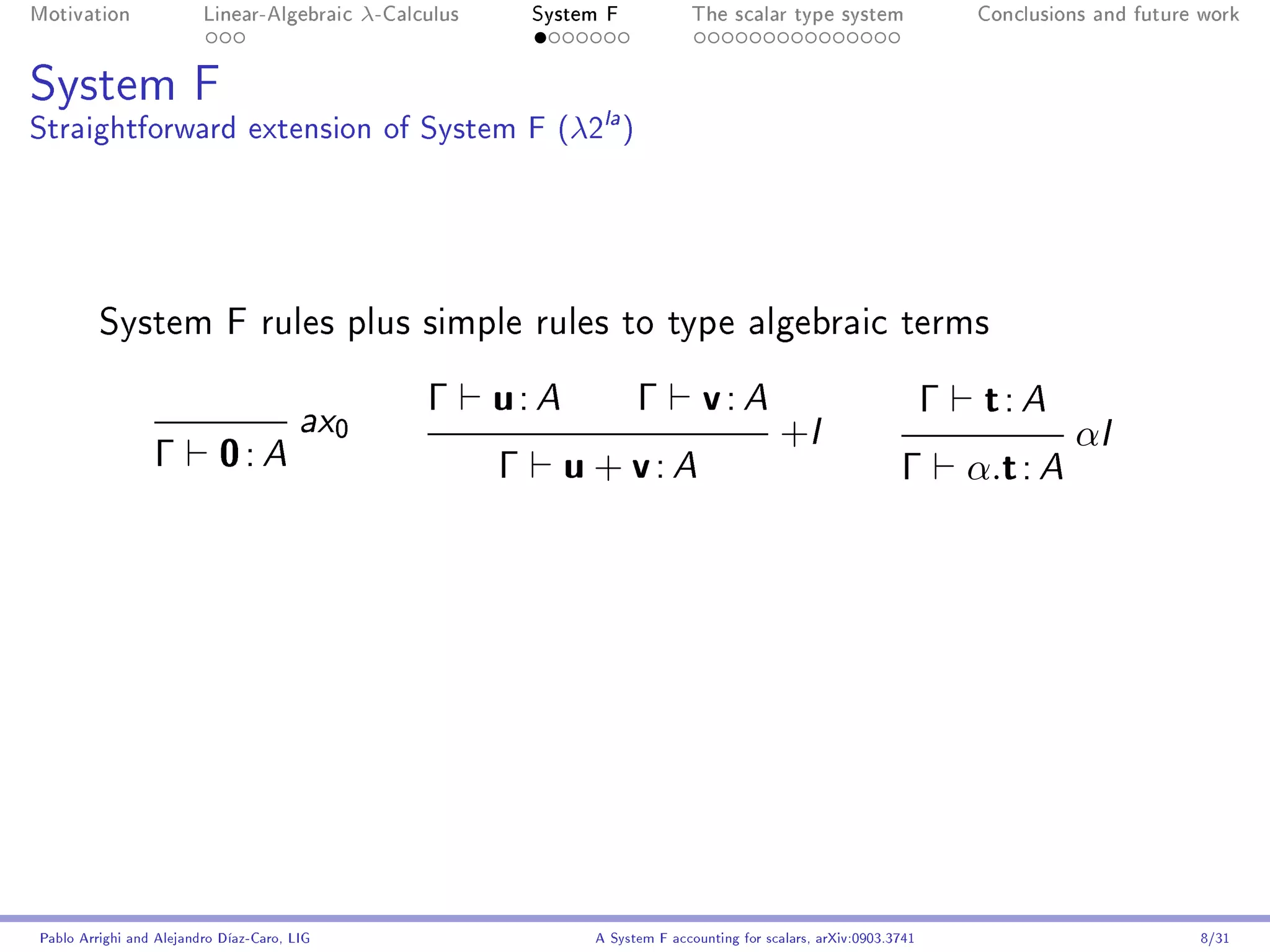 Motivation               Linear-Algebraic     λ-Calculus       System F            The scalar type system                    Conclusions and future work




System F
Straightforward extension of System F (λ2la )




         System F rules plus simple rules to type algebraic terms


                                        ax0
                                                    Γ      u: A           Γ         v: A                                 Γ    t: A
                                                                                                +I                                     αI
                 Γ         0: A                            Γ      u + v: A                                         Γ         α.t : A




Pablo Arrighi and Alejandro Díaz-Caro, LIG                          A System F accounting for scalars, arXiv:0903.3741                             8/31
 