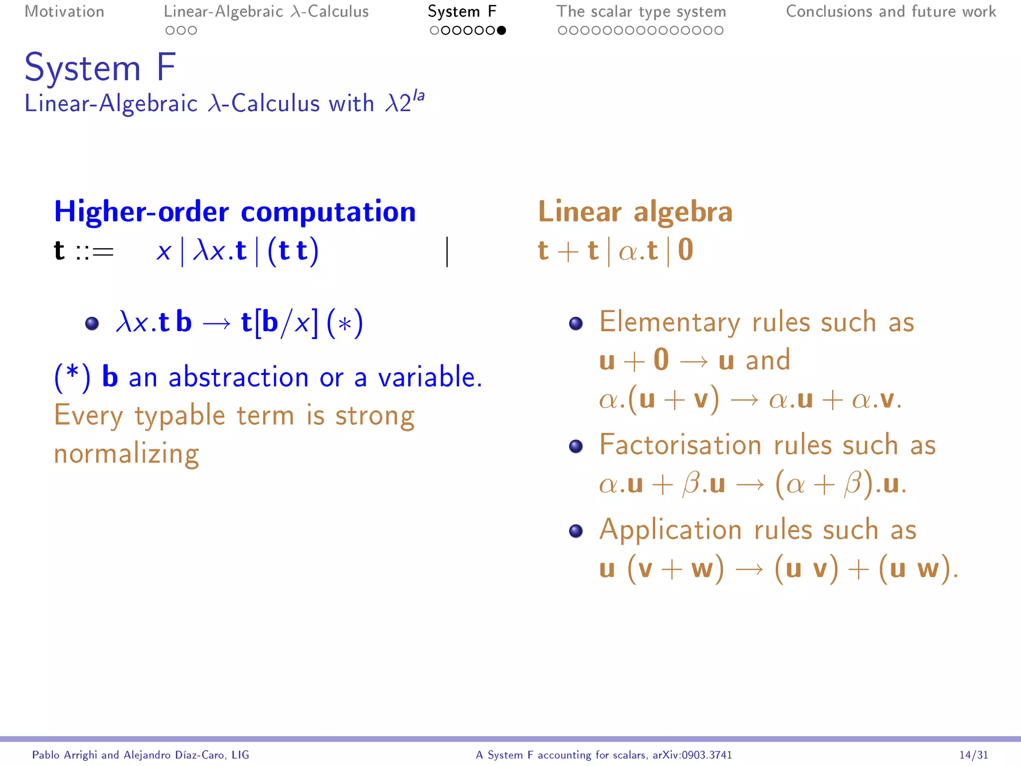 Motivation               Linear-Algebraic    λ-Calculus   System F            The scalar type system                Conclusions and future work




System F
Linear-Algebraic λ-Calculus with λ2la



    Higher-order computation                                              Linear algebra
    t ::= x | λx .t | (t t)  |                                            t + t | α.t | 0
               λx .t b → t[b/x ] (∗)                                                  Elementary rules such as

    (*)      b an abstraction or a variable.                                          u + 0 → u and
                                                                                      α.(u + v) → α.u + α.v.
    Every typable term is strong
    normalizing                                                                       Factorisation rules such as
                                                                                      α.u + β.u → (α + β).u.
                                                                                      Application rules such as
                                                                                      u (v + w) → (u v) + (u w).




Pablo Arrighi and Alejandro Díaz-Caro, LIG                     A System F accounting for scalars, arXiv:0903.3741                         14/31
 