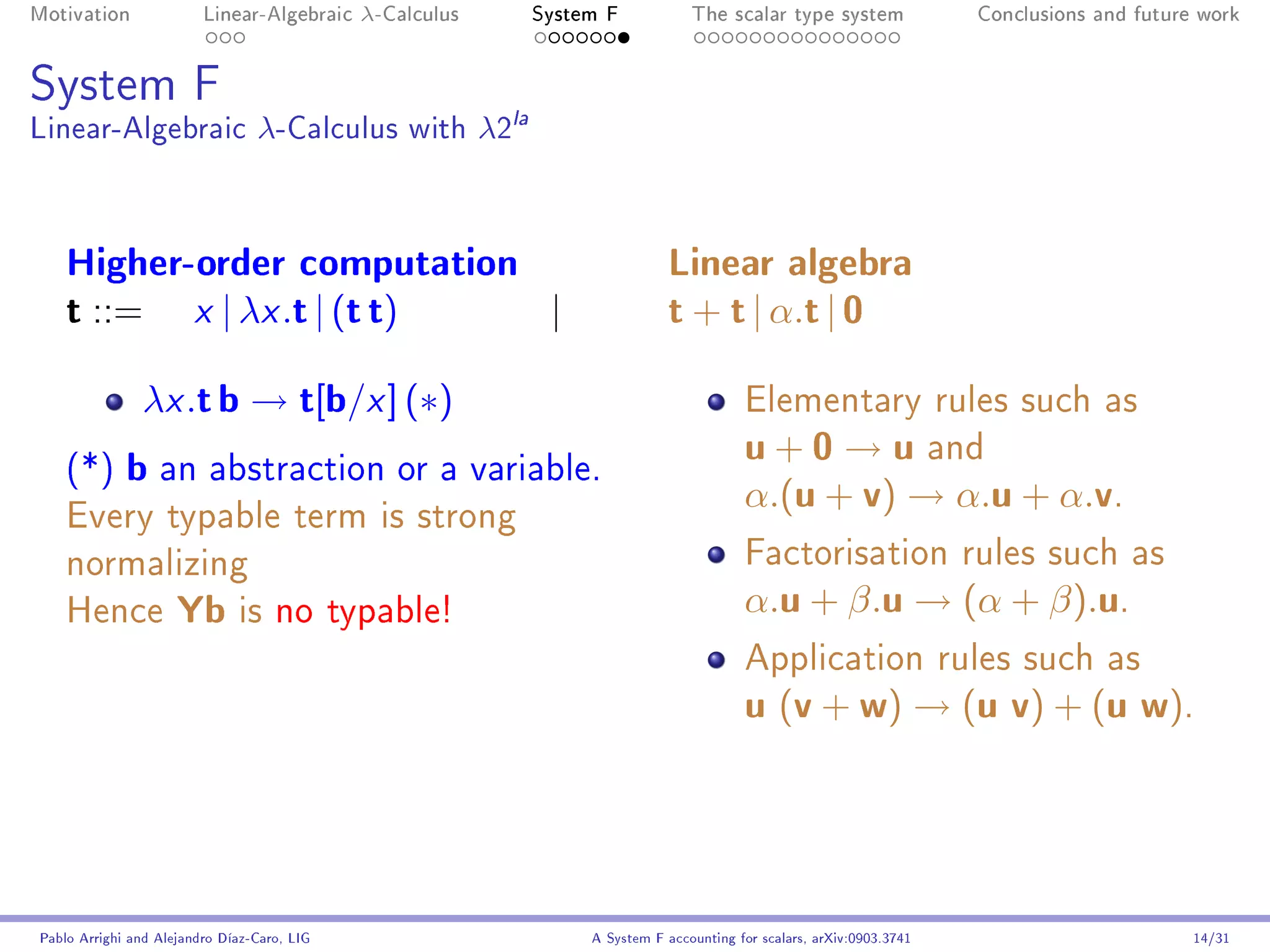 Motivation               Linear-Algebraic    λ-Calculus   System F            The scalar type system                Conclusions and future work




System F
Linear-Algebraic λ-Calculus with λ2la



    Higher-order computation                                              Linear algebra
    t ::= x | λx .t | (t t)  |                                            t + t | α.t | 0
               λx .t b → t[b/x ] (∗)                                                  Elementary rules such as

    (*)      b an abstraction or a variable.                                          u + 0 → u and
                                                                                      α.(u + v) → α.u + α.v.
    Every typable term is strong
    normalizing                                                                       Factorisation rules such as

    Hence            Yb is no typable!                                                α.u + β.u → (α + β).u.
                                                                                      Application rules such as
                                                                                      u (v + w) → (u v) + (u w).




Pablo Arrighi and Alejandro Díaz-Caro, LIG                     A System F accounting for scalars, arXiv:0903.3741                         14/31
 