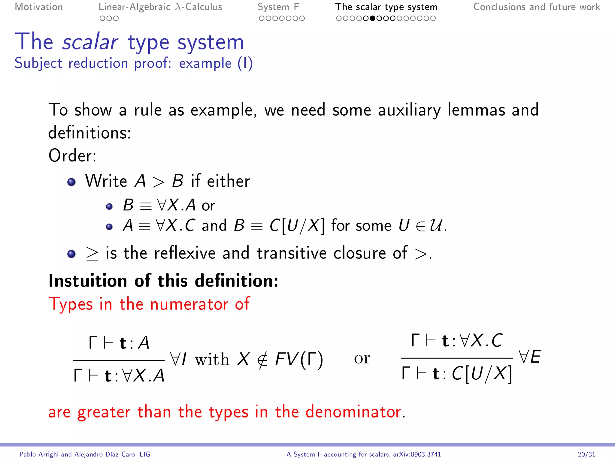 Motivation                Linear-Algebraic    λ-Calculus        System F            The scalar type system                    Conclusions and future work




The scalar type system
Subject reduction proof: example (I)


         To show a rule as example, we need some auxiliary lemmas and
         denitions:
         Order:

                     Write A                 B    if either
                                B     ≡ ∀X .A or
                                A     ≡ ∀X .C and          B   ≡ C [U /X ] for some                     U     ∈ U.
                     ≥     is the reexive and transitive closure of                                          .
         Instuition of this denition:
         Types in the numerator of


                      Γ         t: A                                                                        Γ             t : ∀X .C
                                              ∀I   with    X   ∈ FV (Γ)
                                                               /                          or                                           ∀E
                 Γ         t : ∀X .A                                                                     Γ          t : C [U /X ]
         are greater than the types in the denominator.


Pablo Arrighi and Alejandro Díaz-Caro, LIG                           A System F accounting for scalars, arXiv:0903.3741                             20/31
 