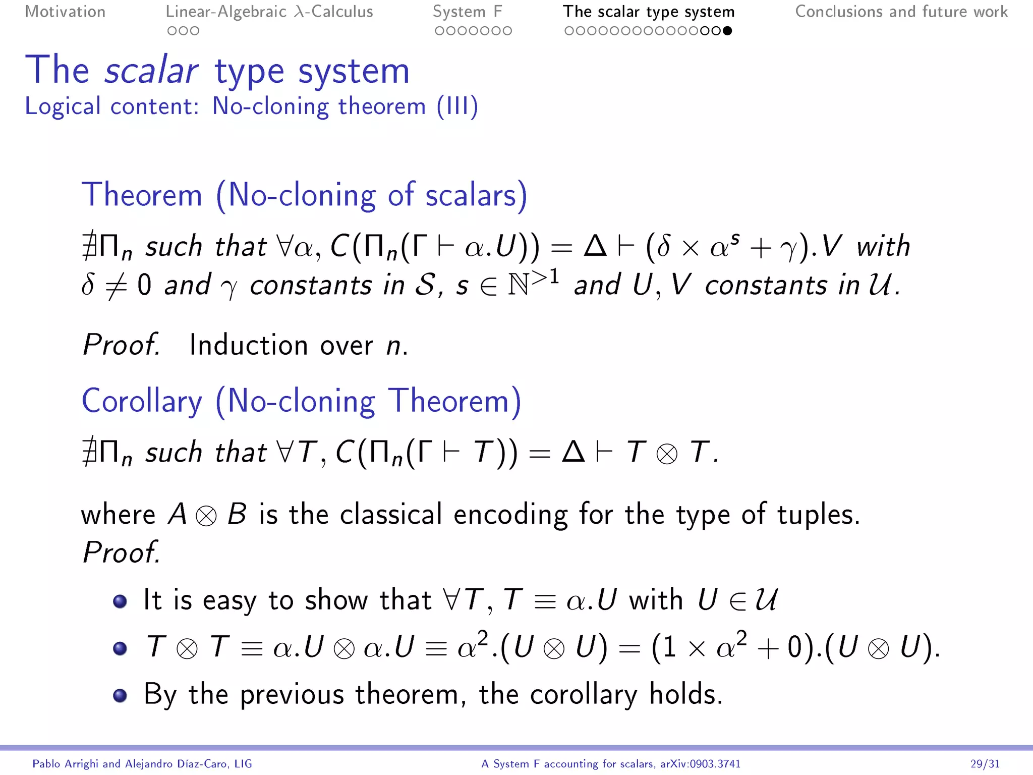 Motivation               Linear-Algebraic      λ-Calculus   System F            The scalar type system                Conclusions and future work




The scalar type system
Logical content: No-cloning theorem (III)


         Theorem (No-cloning of scalars)
          Πn such that ∀α, C (Πn (Γ α.U )) = ∆ (δ × αs + γ).V with
         δ = 0 and γ constants in S , s ∈ N1 and U , V constants in U .
         Proof.              Induction over n.

         Corollary (No-cloning Theorem)
            Πn       such that                ∀T , C (Πn (Γ     T    )) = ∆                 T     ⊗ T.
         where A              ⊗B             is the classical encoding for the type of tuples.
         Proof.

                     It is easy to show that                  ∀T , T ≡ α.U                   with U             ∈U
                     T     ⊗ T ≡ α.U ⊗ α.U ≡ α .(U ⊗ U ) = (1 × α2 + 0).(U ⊗ U ).
                                                                 2



                     By the previous theorem, the corollary holds.


Pablo Arrighi and Alejandro Díaz-Caro, LIG                       A System F accounting for scalars, arXiv:0903.3741                         29/31
 