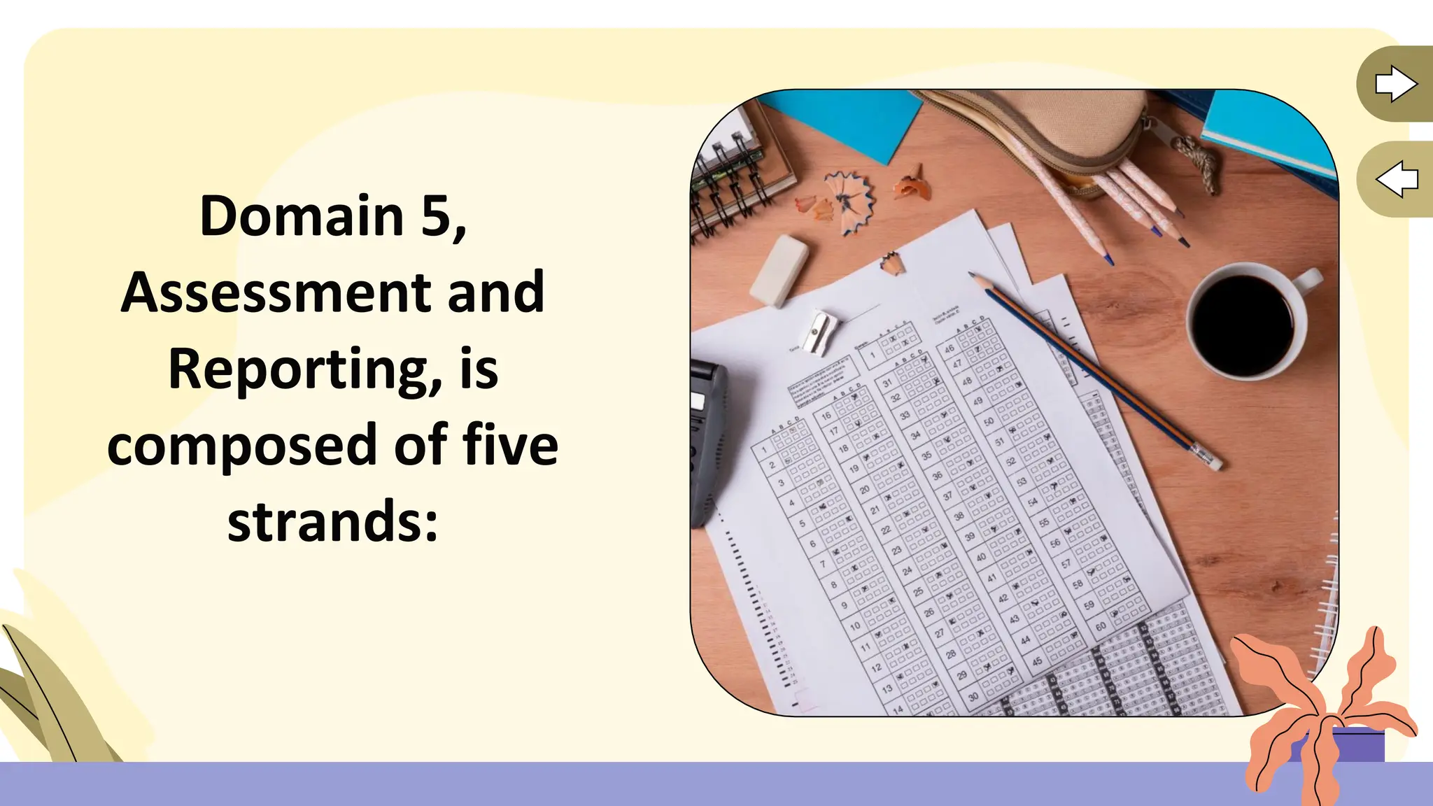 Domain 5,
Assessment and
Reporting, is
composed of five
strands:
 