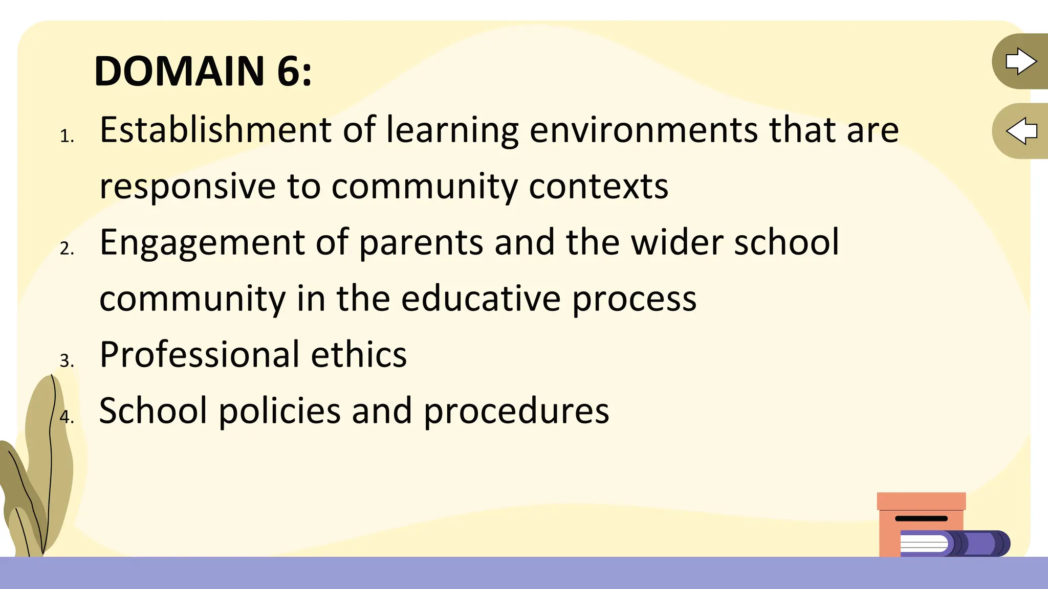 DOMAIN 6:
1. Establishment of learning environments that are
responsive to community contexts
2. Engagement of parents and the wider school
community in the educative process
3. Professional ethics
4. School policies and procedures
 