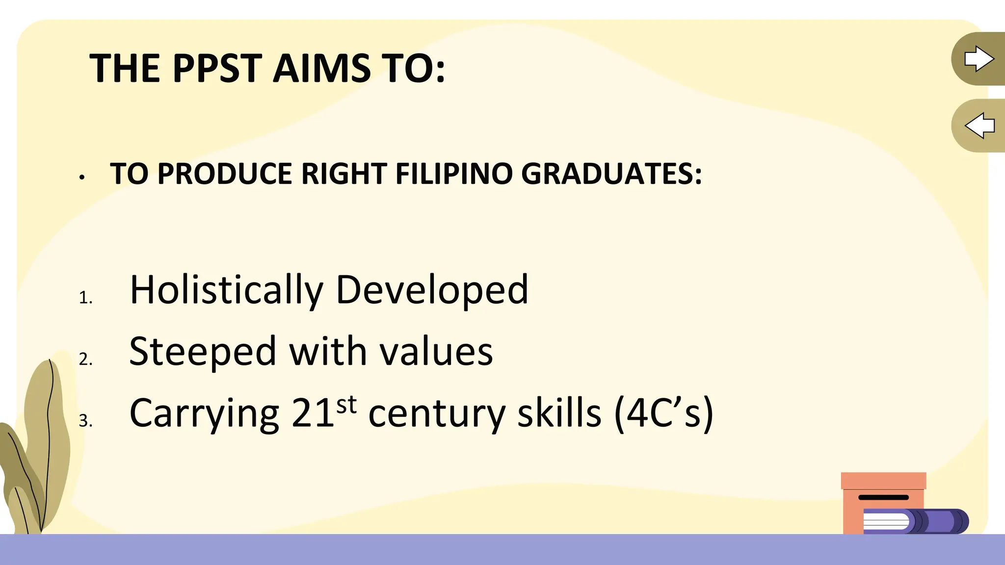 THE PPST AIMS TO:
• TO PRODUCE RIGHT FILIPINO GRADUATES:
1. Holistically Developed
2. Steeped with values
3. Carrying 21st century skills (4C’s)
 