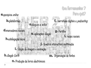 pesquisa online
     plataformas                                      narrativas digitais e podcasting
                             blogues e wikis
  marcadores sociais                                   Partilha
                               aplicações Google
                                                                  redes sociais
    catalogação social
                                       Quadros interactivos multimedia
              Edição de imagem e animação
   Google Earth                                    Organização de fontes
            Produção de livros electrónicos
 