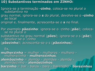 10) Substantivos terminados em ZINHO:

Ignora-se a terminação -zinho, coloca-se no plural o
  substantivo no
grau normal, ignora-se o s do plural, devolve-se o -zinho
  ao local
original e, finalmente, acrescenta-se o s no final.

Por exemplo pãozinho: ignora-se o -zinho (pão); coloca-
  se no plural o
substantivo no grau normal (pães); ignora-se o s (pãe);
  devolve-se o -zinho
(pãezinho); acrescenta-se o s (pãezinhos).
  Ex.
mulherzinha = mulher - mulheres - mulhere -
  mulherezinha - mulherezinhas.
alemãozinho = alemão - alemães - alemãe -
  alemãezinho - alemãezinhos.
barzinho = bar - bares - bare - barezinho - barezinhos
 