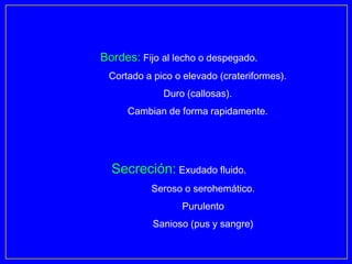 Bordes: Fijo al lecho o despegado.
 Cortado a pico o elevado (crateriformes).
             Duro (callosas).
     Cambian de forma rapidamente.




  Secreción: Exudado fluido.
           Seroso o serohemático.
                 Purulento
           Sanioso (pus y sangre)
 