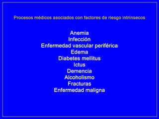 Procesos médicos asociados con factores de riesgo intrínsecos


                       Anemia
                      Infección
            Enfermedad vascular periférica
                       Edema
                  Diabetes mellitus
                        Ictus
                      Demencia
                     Alcoholismo
                      Fracturas
                 Enfermedad maligna
 