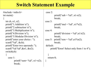 Switch Statement Example
#include <stdio.h>
int main()
{
int ch, n1, n2;
printf("1.Addition n");
printf("2.subtraction n");
printf("3.Multiplication n");
printf("4.Division n");
printf(“5.Modular Division n");
printf("enter your choice : ");
scanf("%d", &ch);
printf("Enter two operands: ");
scanf("%d %d",&n1, &n2);
switch(ch)
{
case 1:
printf(“sum= %d", n1+n2);
break;
case 2:
printf(“sub = %d“, n1-n2);
break;
case 3:
printf(“mul = %d", n1*n2);
break;
case 4:
printf(“division = %d“,n1/n2);
break;
case 5: printf(“rem = %d“,n1%n2);
break;
default:
printf("Error! Select only from 1 to 4");
}
return 0;
}
 